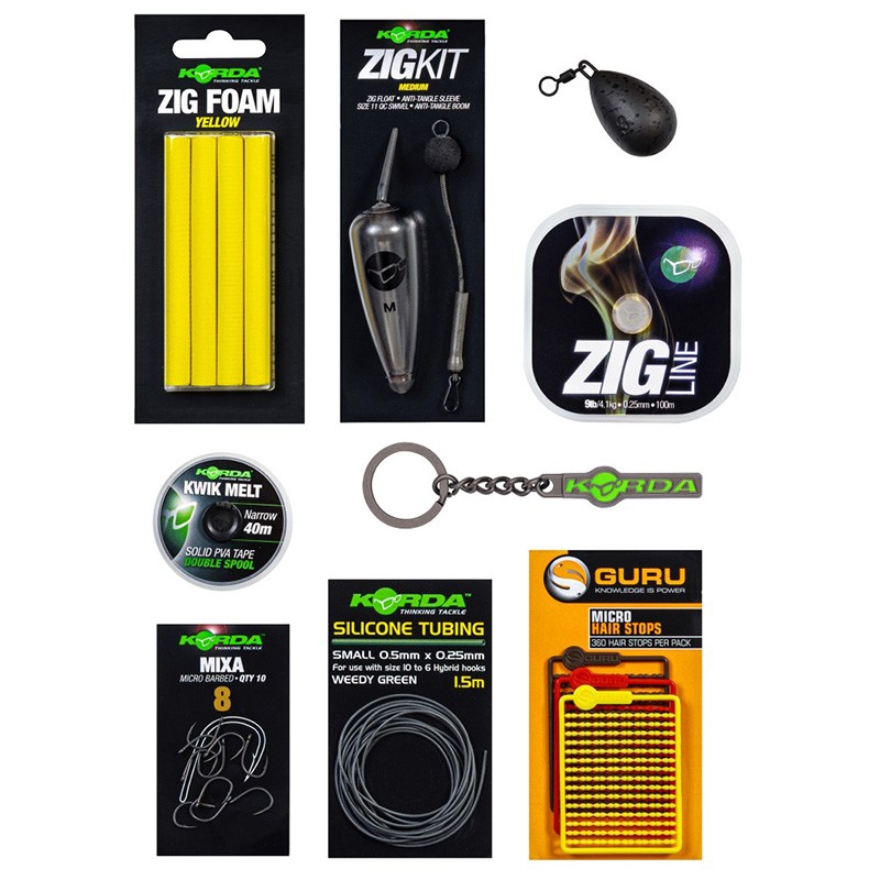 Korda Zig Kit Bundle - Line, Float, Foam, Hooks, Lead, Tubing - Carp Fishing KB001