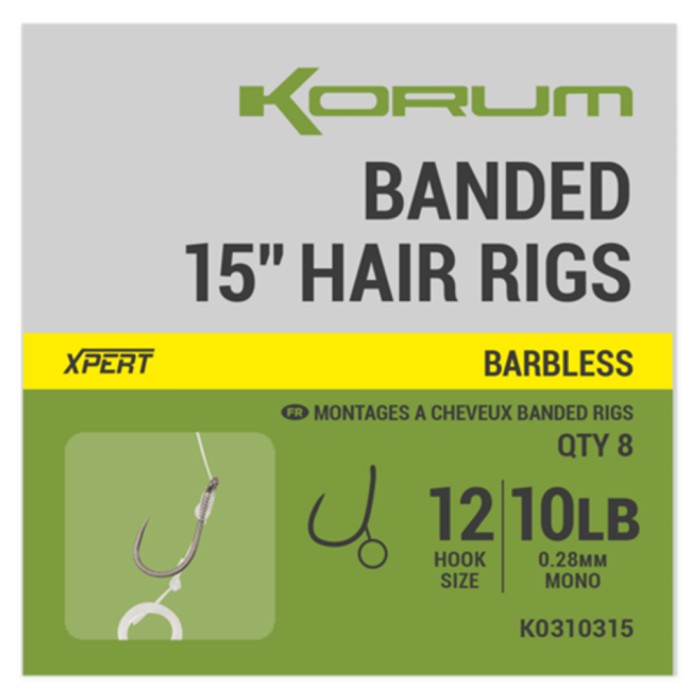 Korum Banded Hair Rigs 15" Barbless All Sizes