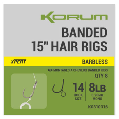 Korum Banded Hair Rigs 15" Barbless All Sizes