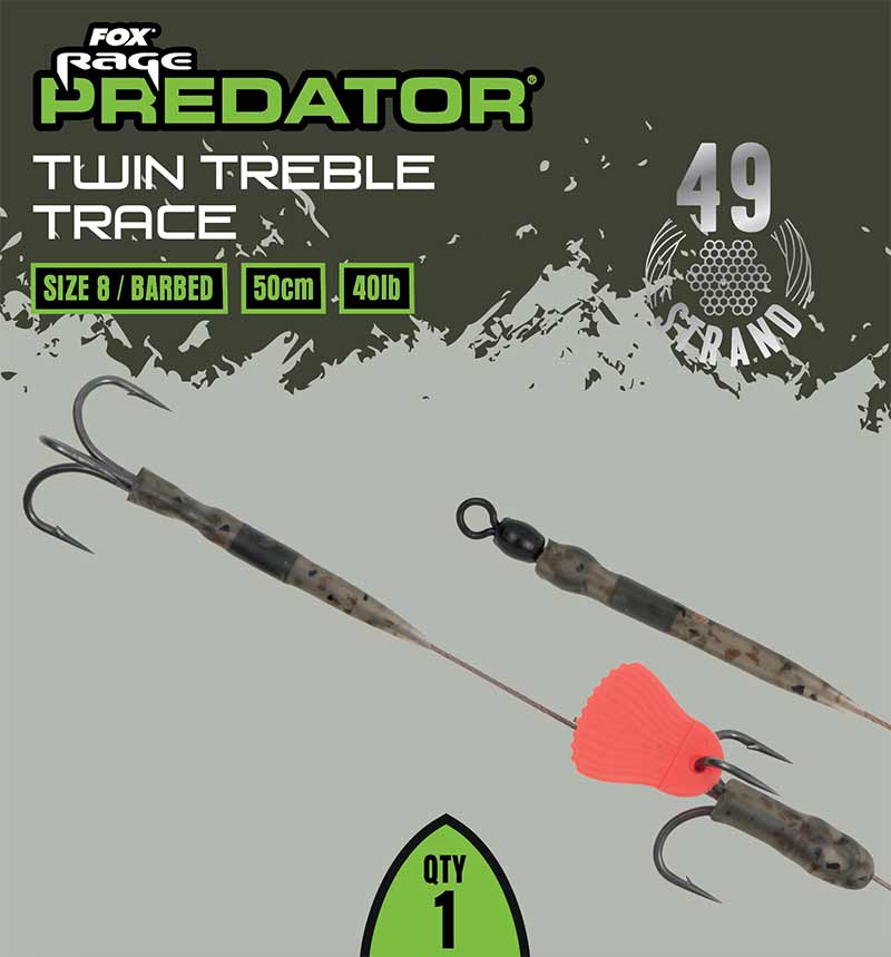 Fox Rage Predator Twin Treble Trace 52cm Size 8 Barbed - 40lb