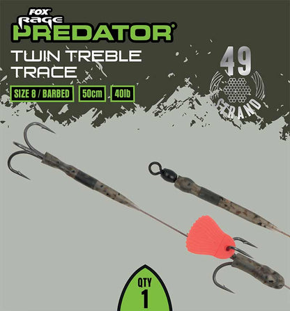 Fox Rage Predator Twin Treble Trace 52cm Size 8 Barbed - 40lb